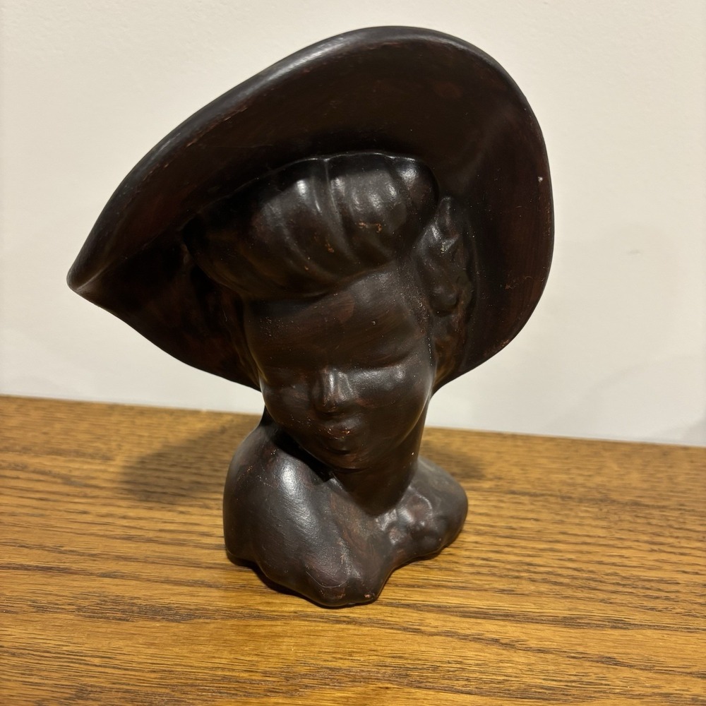 Vintage Handmade Lady Head With Hat‎ Sculpture 1965 Brown MCM 6.5"